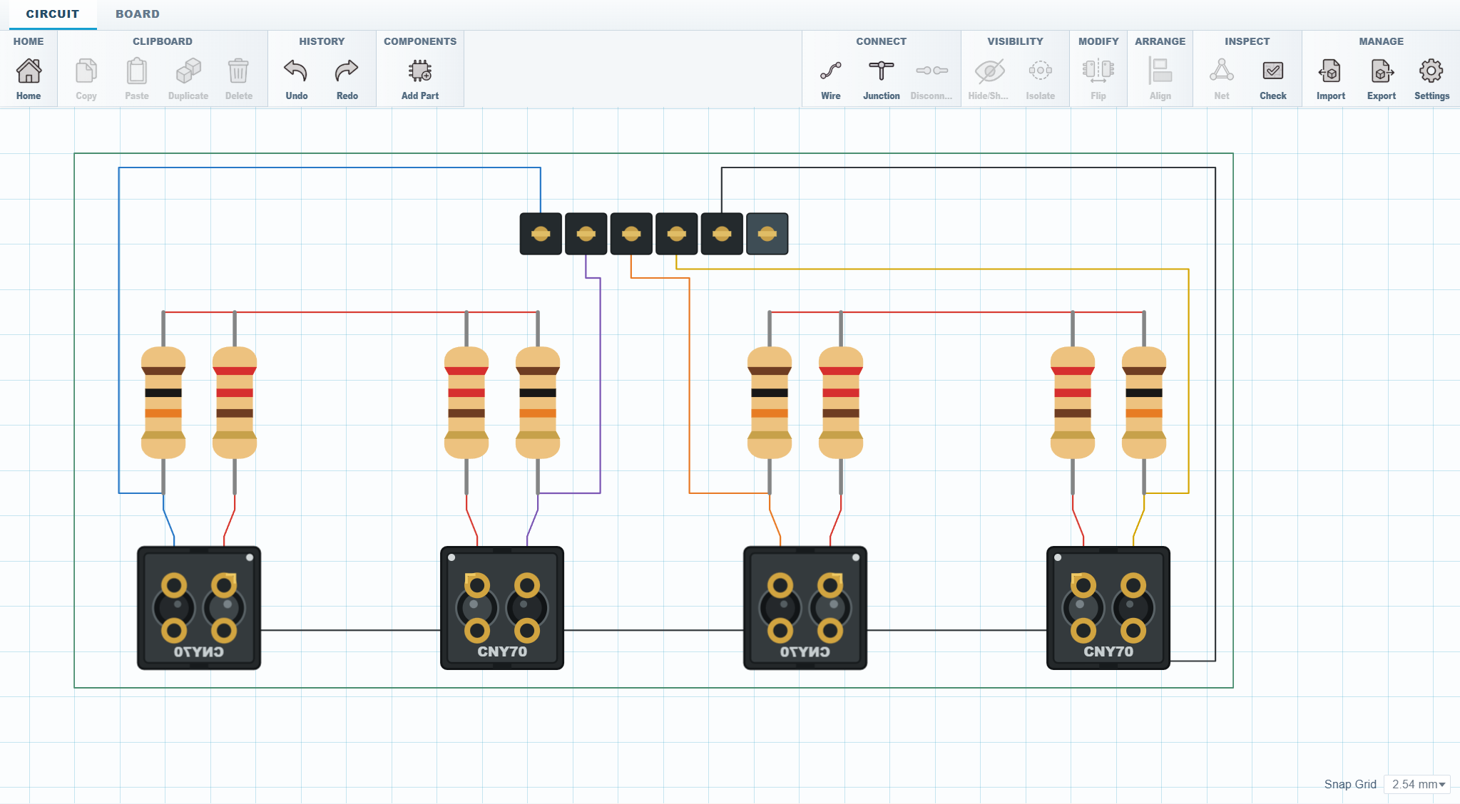 SketchForge PCB circuit editor showing optical sensors, resistors, a pin header, and routed connections
